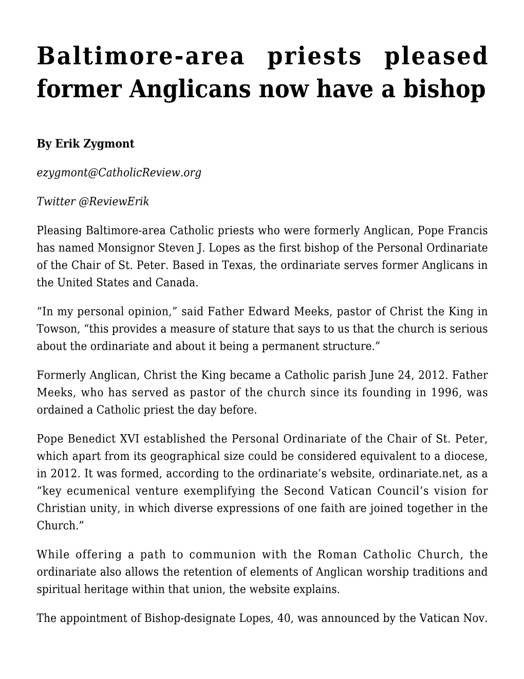 Baltimore-Area Priests Pleased Former Anglicans Now Have a Bishop