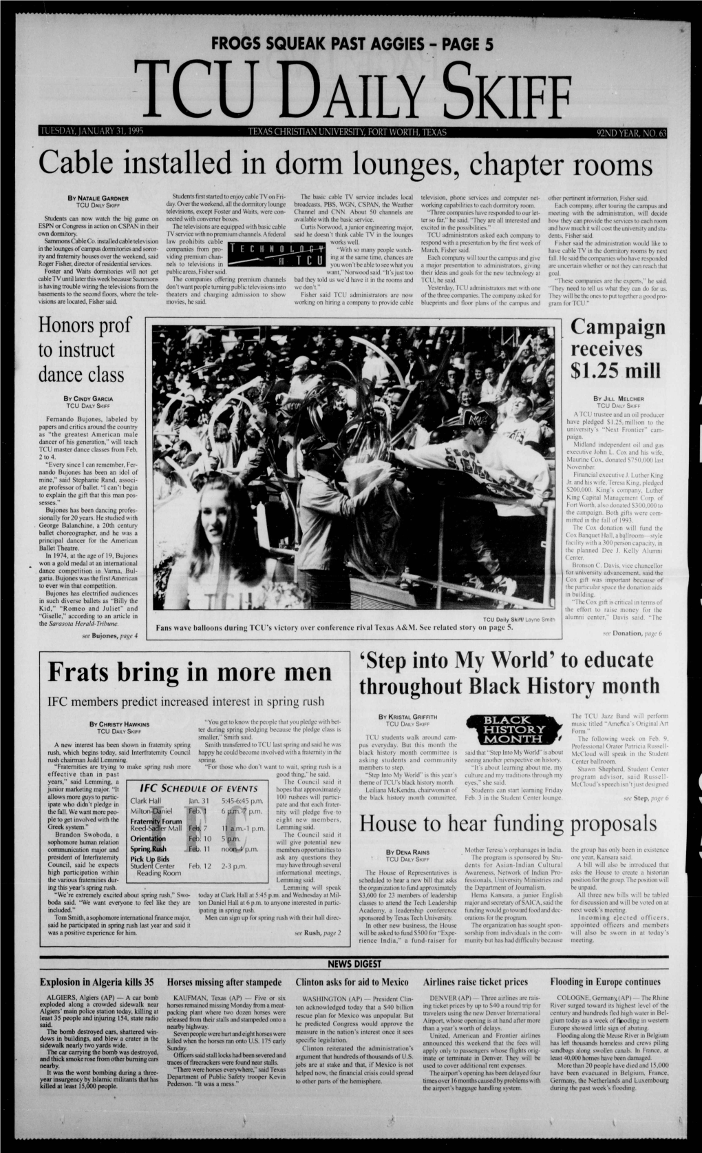Tcu Daily Skiff Tuesday, January 31,1995 Texas Christian University, Fort Worth, Texas 92Nd Year, No
