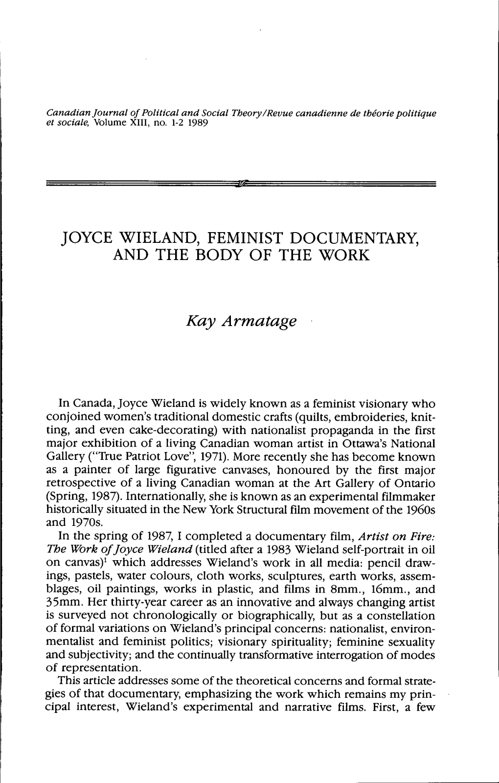 Joyce Wieland, Feminist Documentary, and the Body of the Work