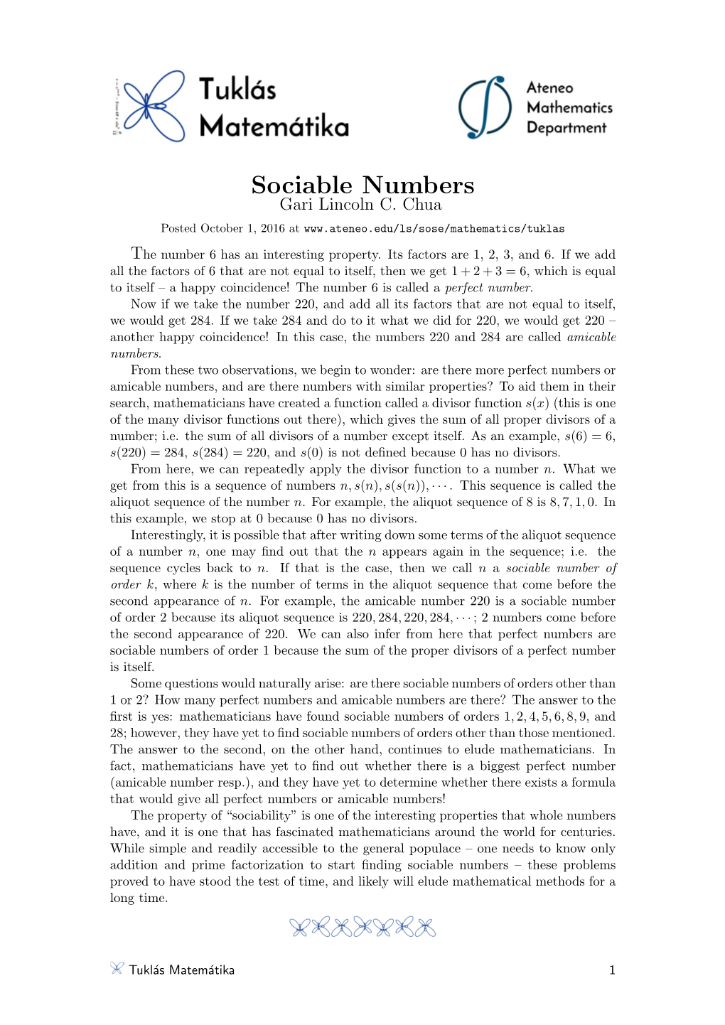 Sociable Numbers Gari Lincoln C