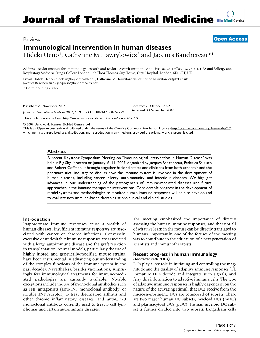 Immunological Intervention in Human Diseases Hideki Ueno1, Catherine M Hawrylowicz2 and Jacques Banchereau*1