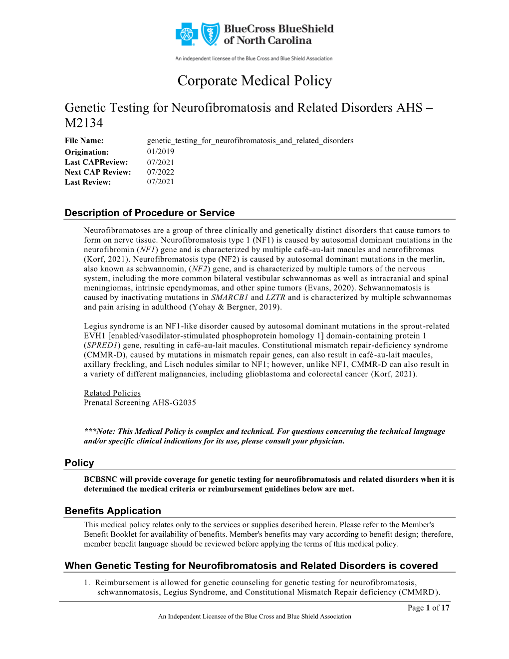 Genetic Testing for Neurofibromatosis and Related Disorders