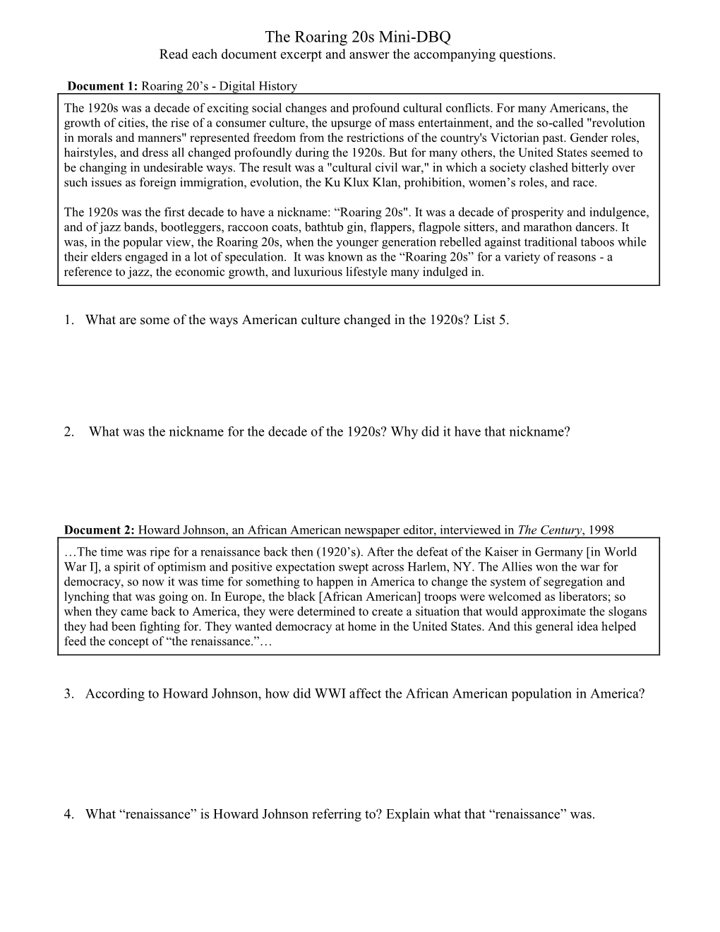 The Roaring 20S Mini-DBQ Read Each Document Excerpt and Answer the Accompanying Questions