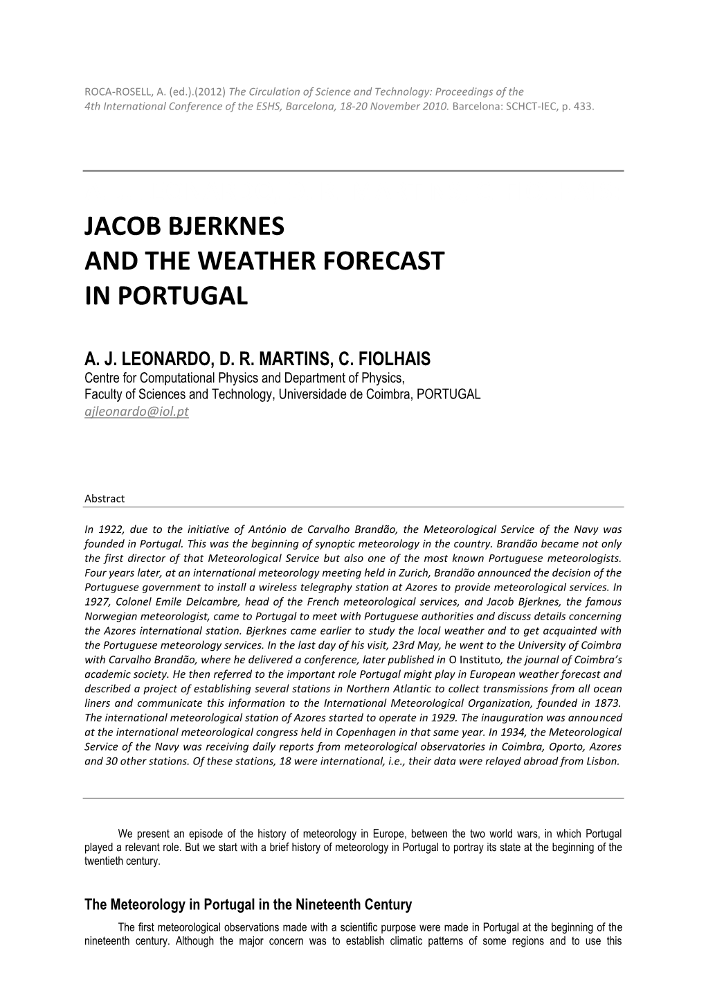 Jacob Bjerknes and the Weather Forecast in Portugal
