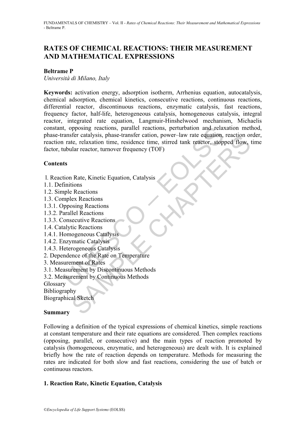 Rates of Chemical Reactions: Their Measurement and Mathematical Expressions - Beltrame P