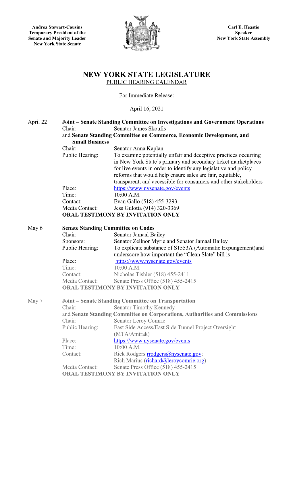 New York State Legislature Public Hearing Calendar