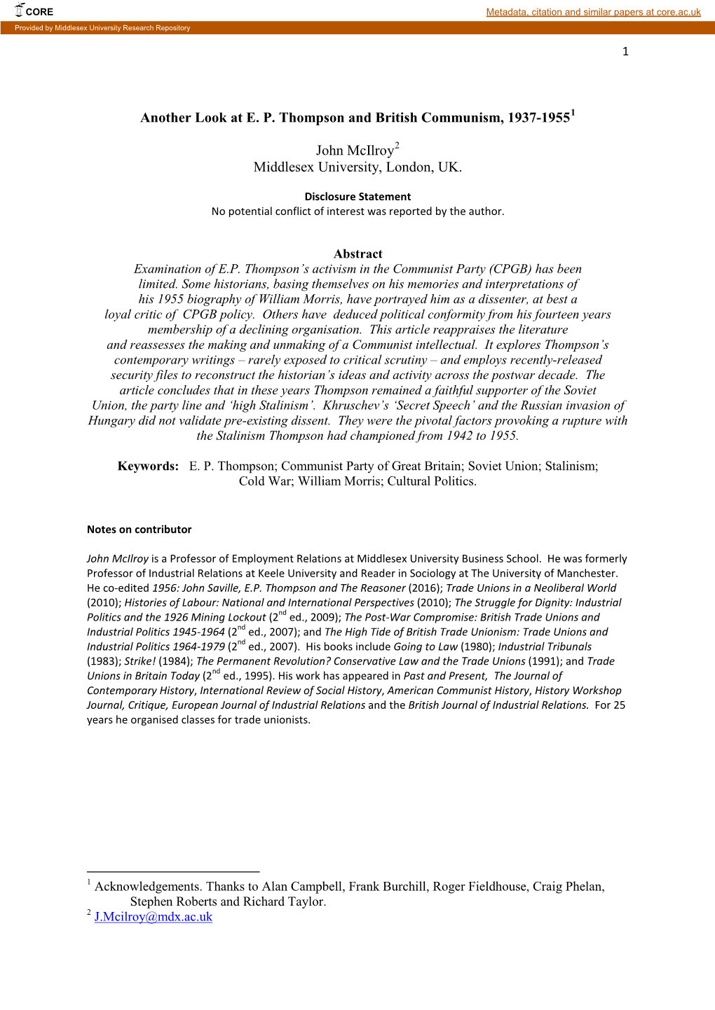 Another Look at E. P. Thompson and British Communism, 1937-1955 John Mcilroy Middlesex University, London