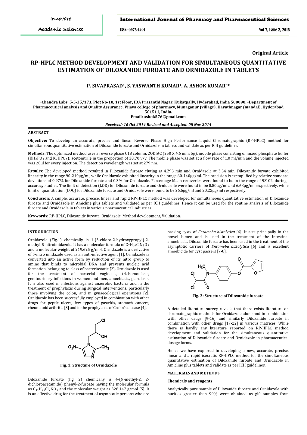 Rp-Hplc Method Development and Validation for Simultaneous Quantitative Estimation of Diloxanide Furoate and Ornidazole in Tablets