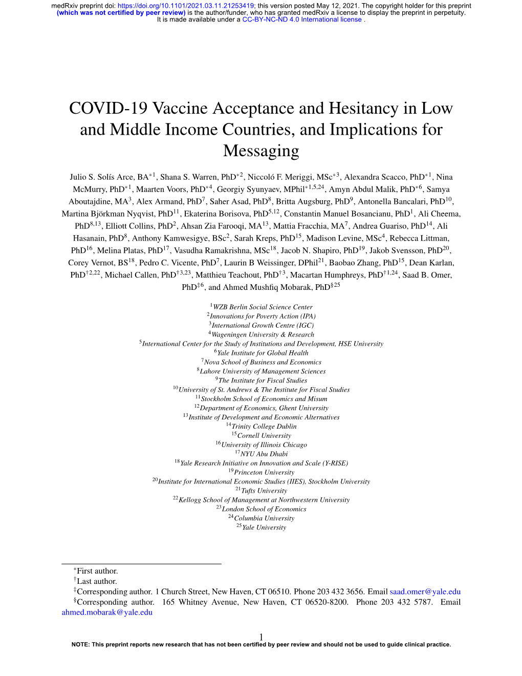 COVID-19 Vaccine Acceptance and Hesitancy in Low and Middle Income Countries, and Implications for Messaging