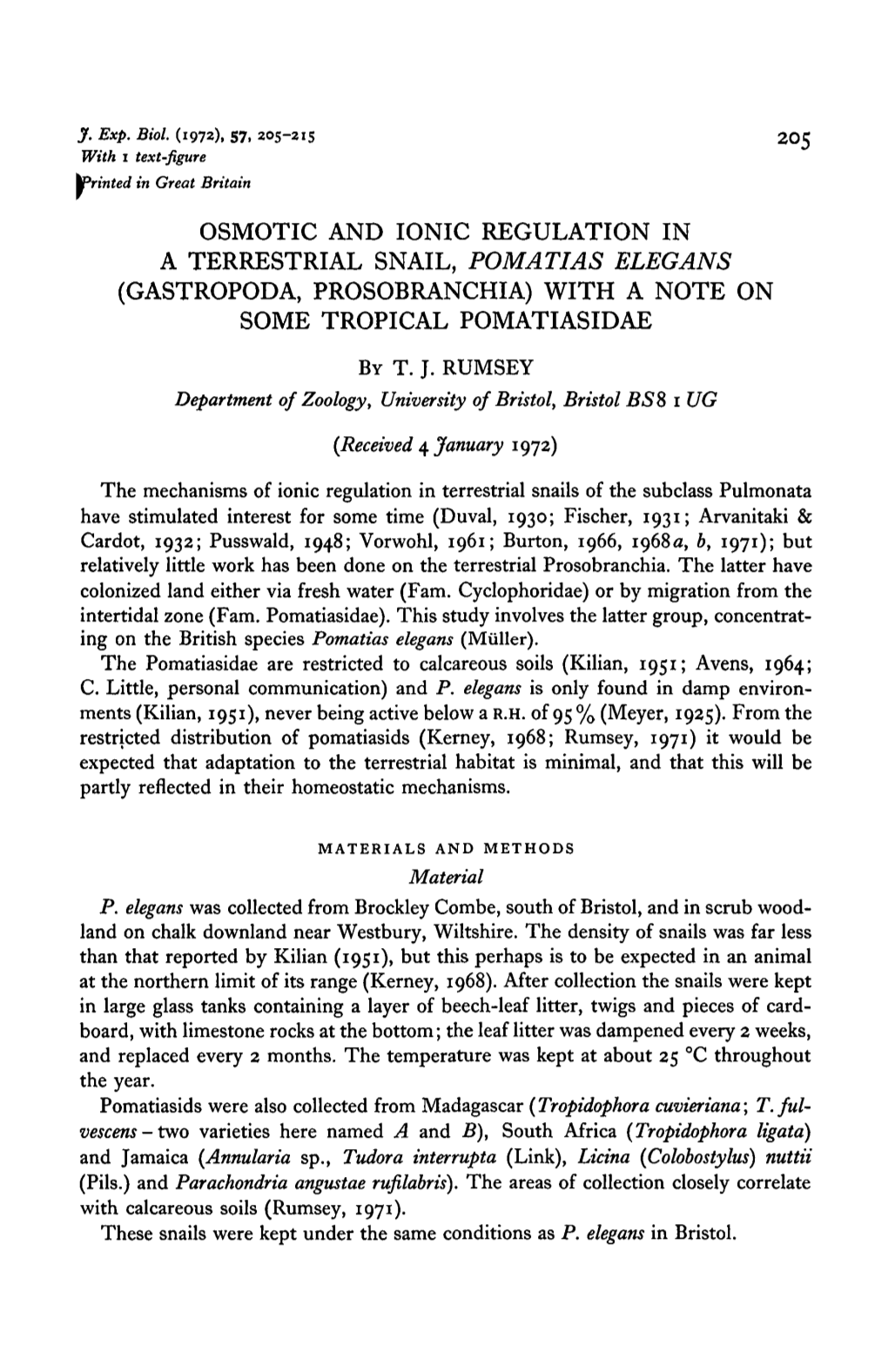 Osmotic and Ionic Regulation in a Terrestrial Snail, Pom Ati As Elegans (Gastropoda, Prosobranchia) with a Note on Some Tropical Pomatiasidae