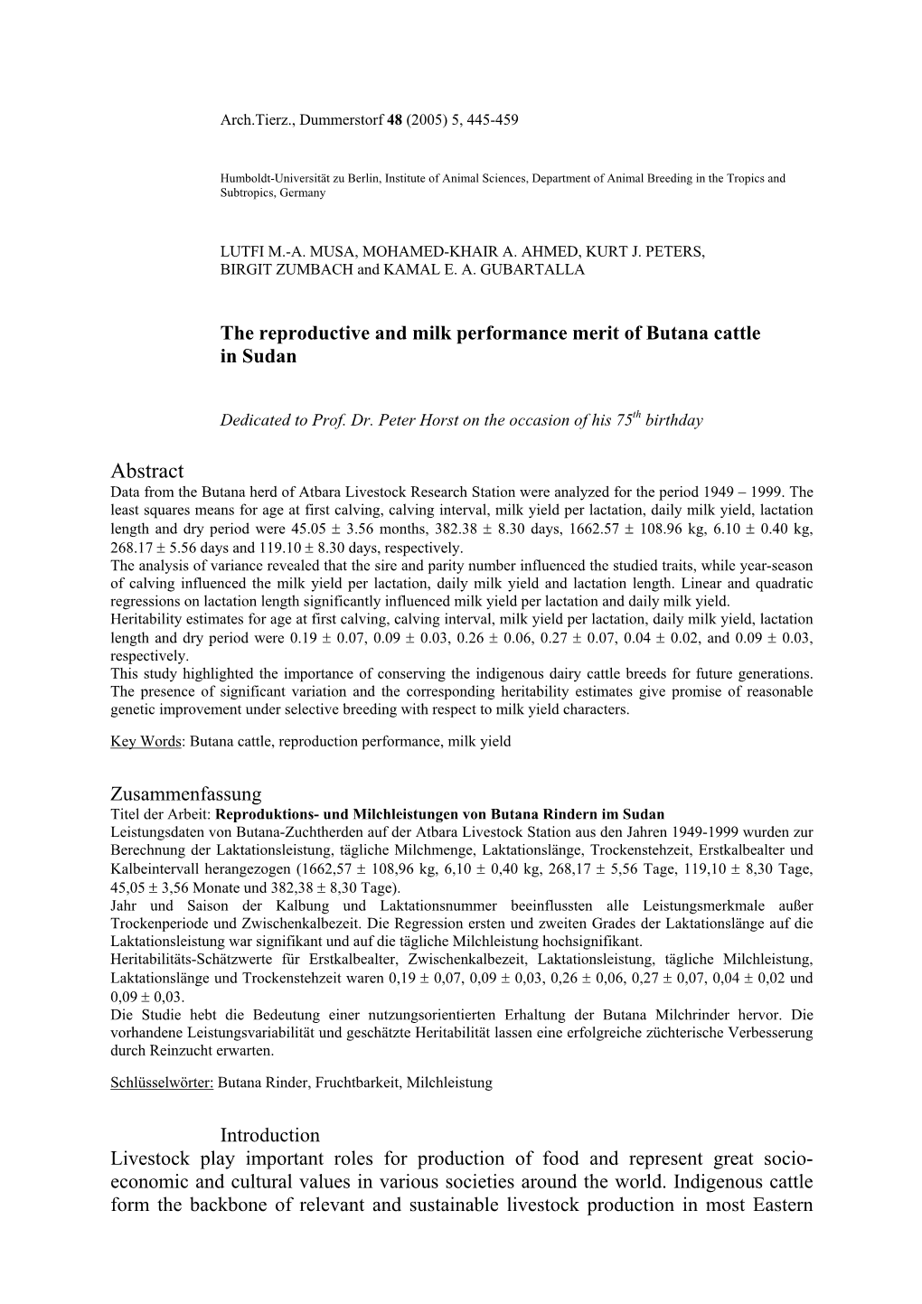 The Reproductive and Milk Performance Merit of Butana Cattle in Sudan