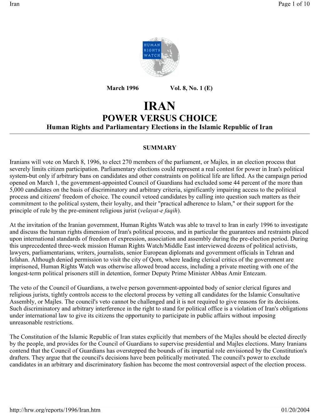 POWER VERSUS CHOICE Human Rights and Parliamentary Elections in the Islamic Republic of Iran