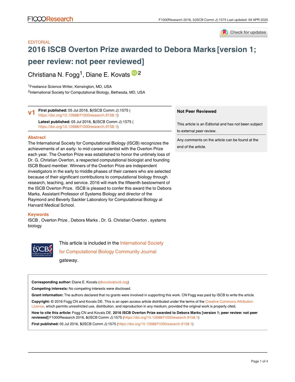 2016 ISCB Overton Prize Awarded to Debora Marks[Version 1; Peer