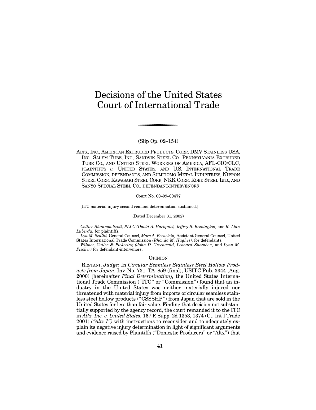 Decisions of the United States Court of International Trade