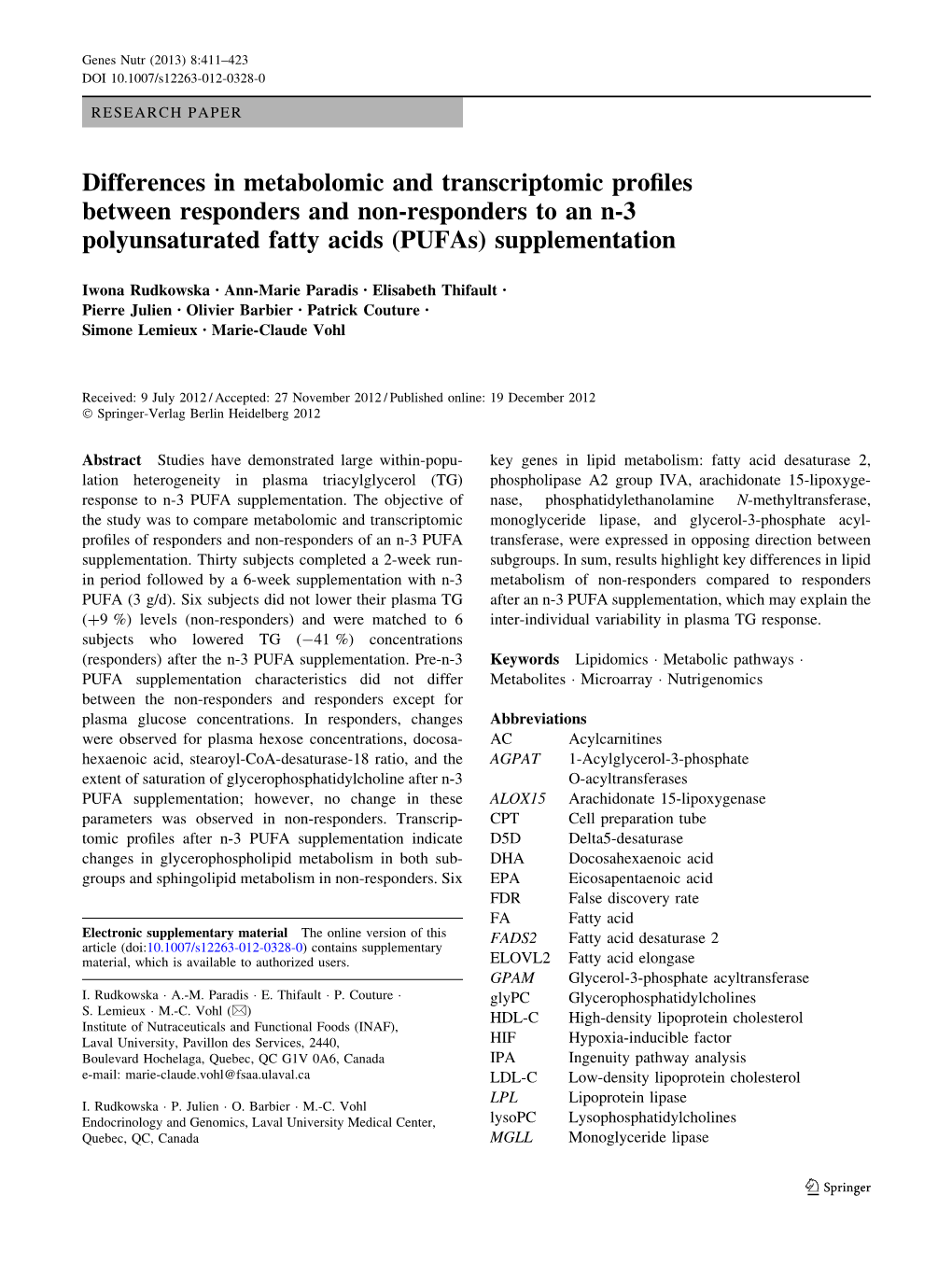 Differences in Metabolomic and Transcriptomic Profiles Between