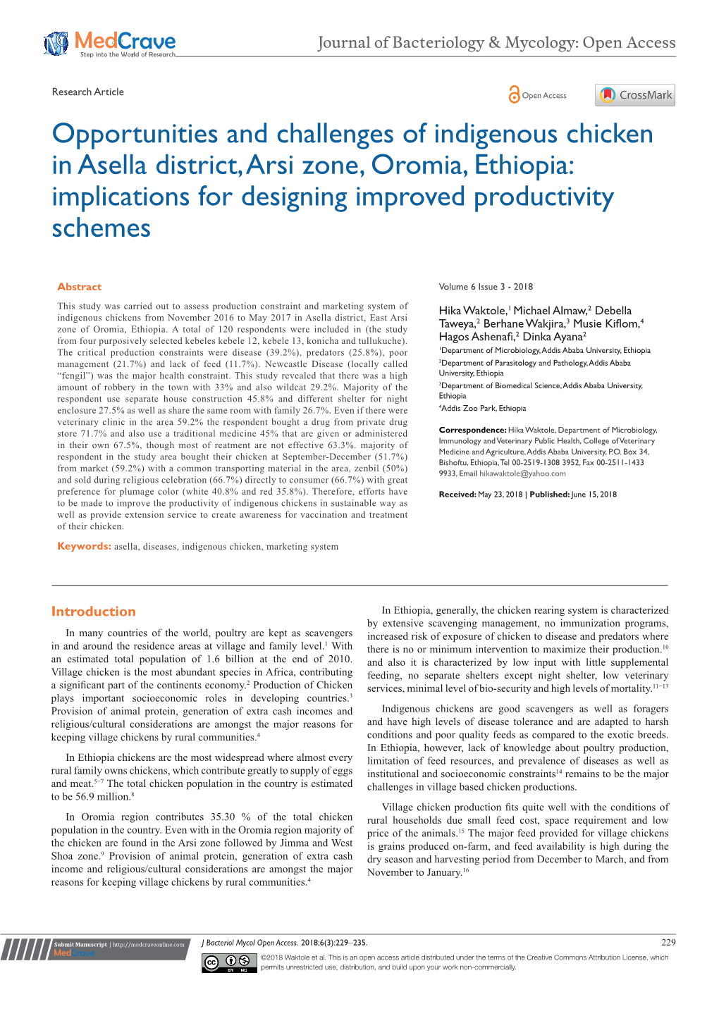 Opportunities and Challenges of Indigenous Chicken in Asella District, Arsi Zone, Oromia, Ethiopia: Implications for Designing Improved Productivity Schemes