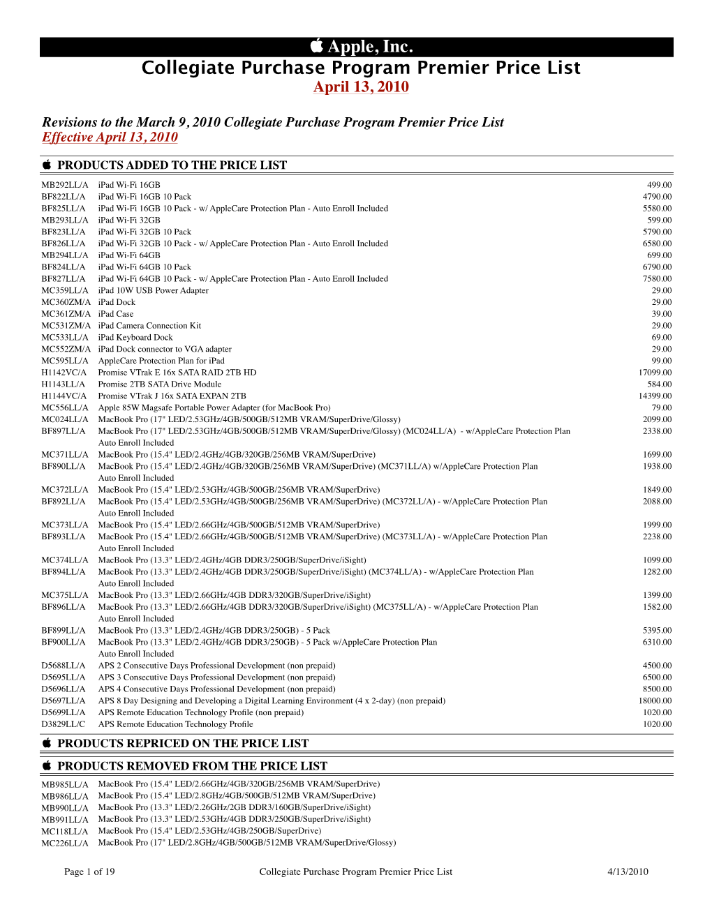 Apple, Inc. Collegiate Purchase Program Premier Price List April 13, 2010