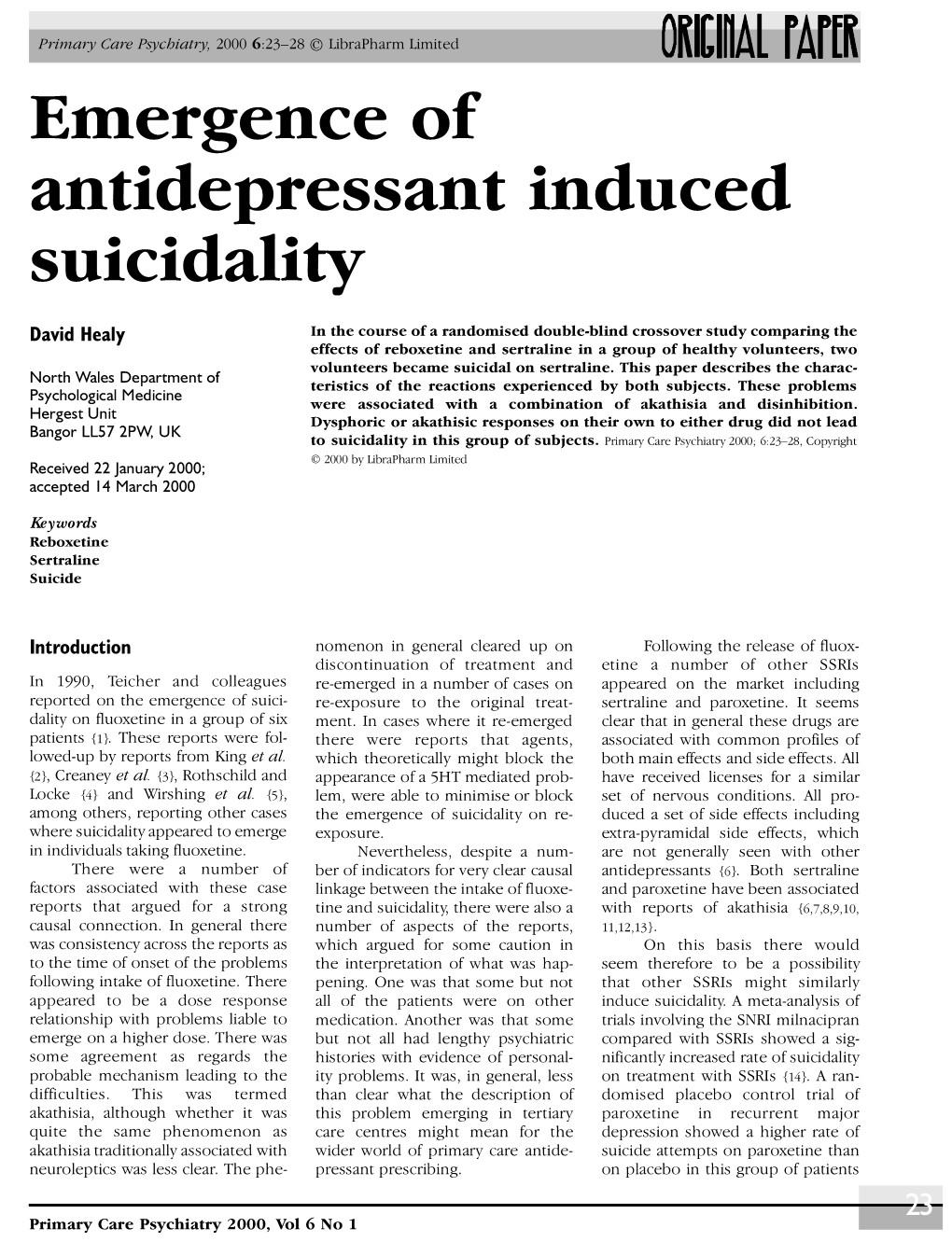 Emergence of Antidepressant Induced Suicidality