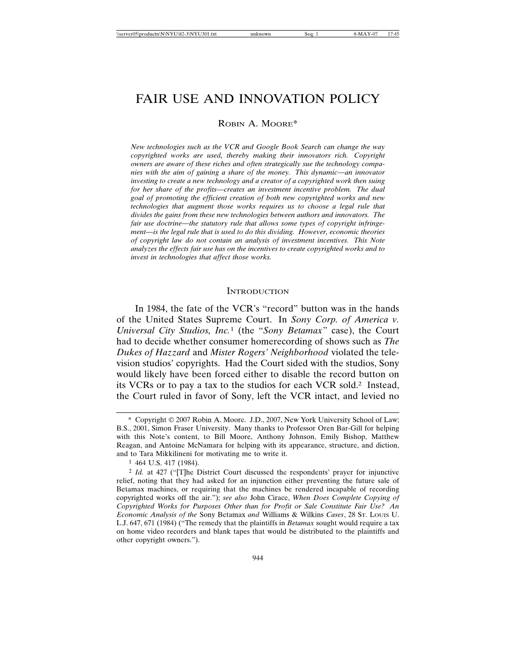 Fair Use and Innovation Policy