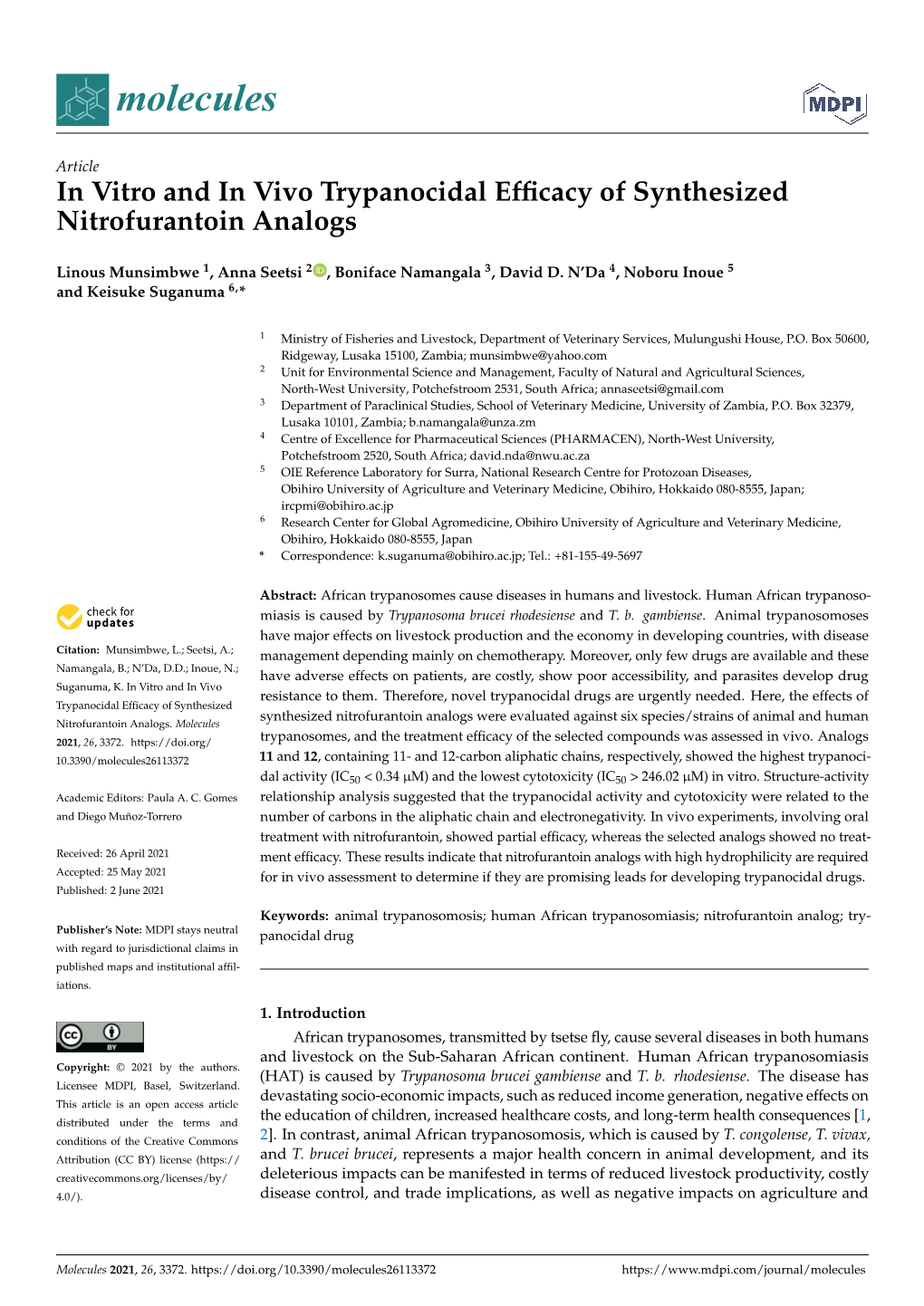 In Vitro and in Vivo Trypanocidal Efficacy of Synthesized Nitrofurantoin Analogs