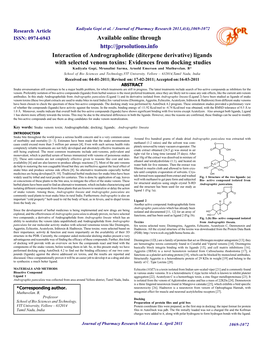 Diterpene Derivative) Ligands with Selected Venom Toxins: Evidences from Docking Studies Kadiyala Gopi, Mrunalini Sarma, Arnold Emerson and Muthuvelan