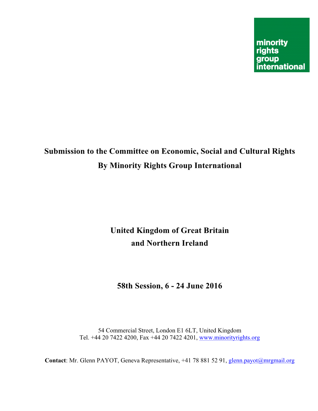 Submission to the Committee on Economic, Social and Cultural Rights by Minority Rights Group International United Kingdom Of