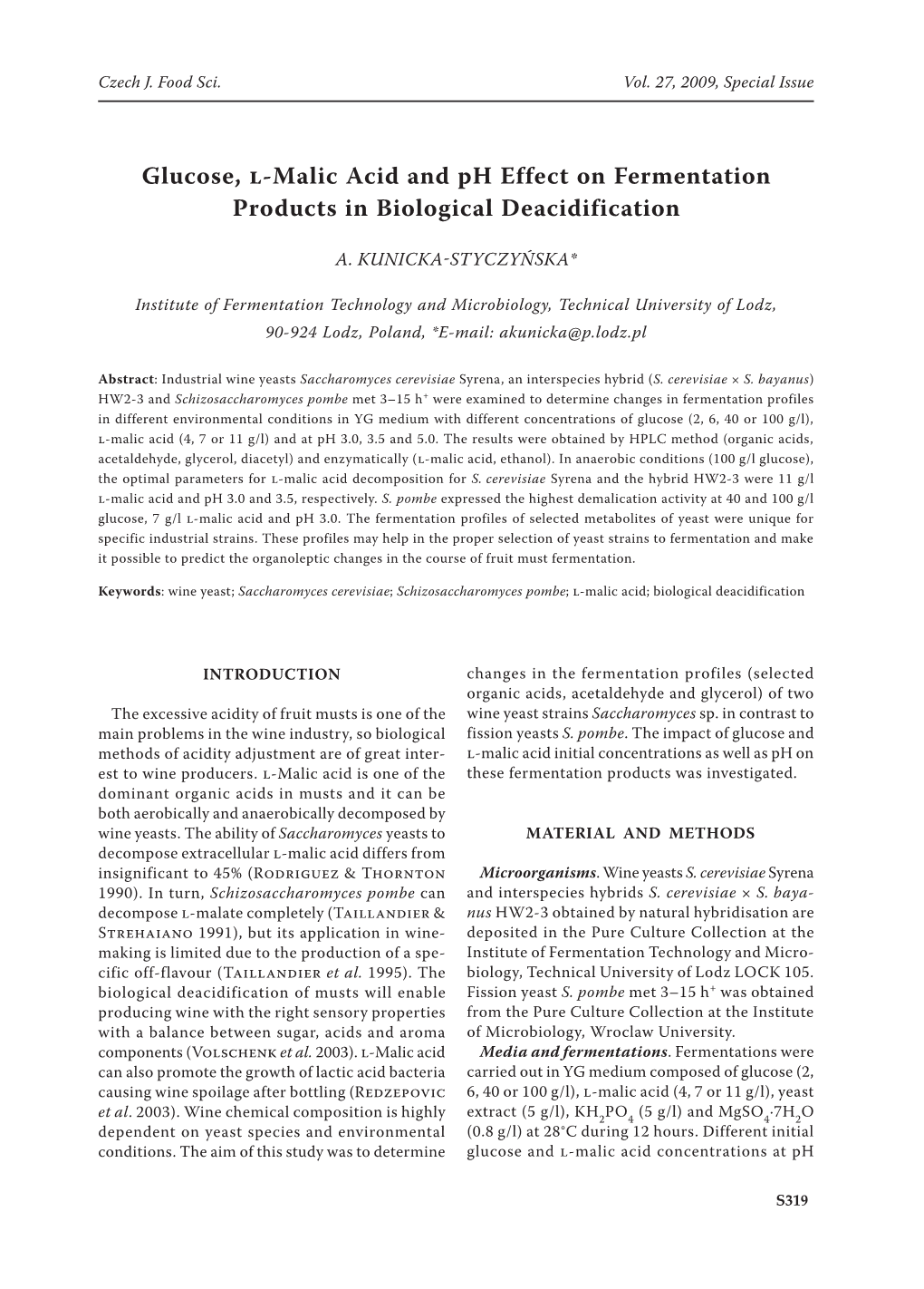 Glucose, L-Malic Acid and Ph Effect on Fermentation Products in Biological Deacidification