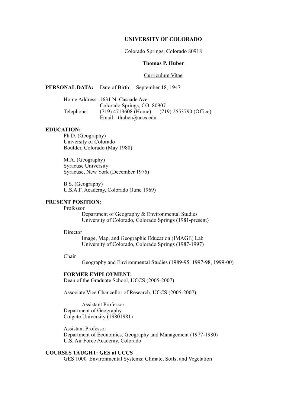 Thomas (Tom) Huber Curriculum Vitae