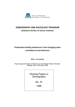 Working Papers in Demography No. 74 1998