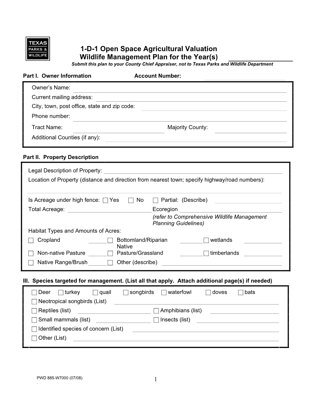 1-D-1 Open Space Agricultural Valuation, Wildlife Management Plan for the Year(S)