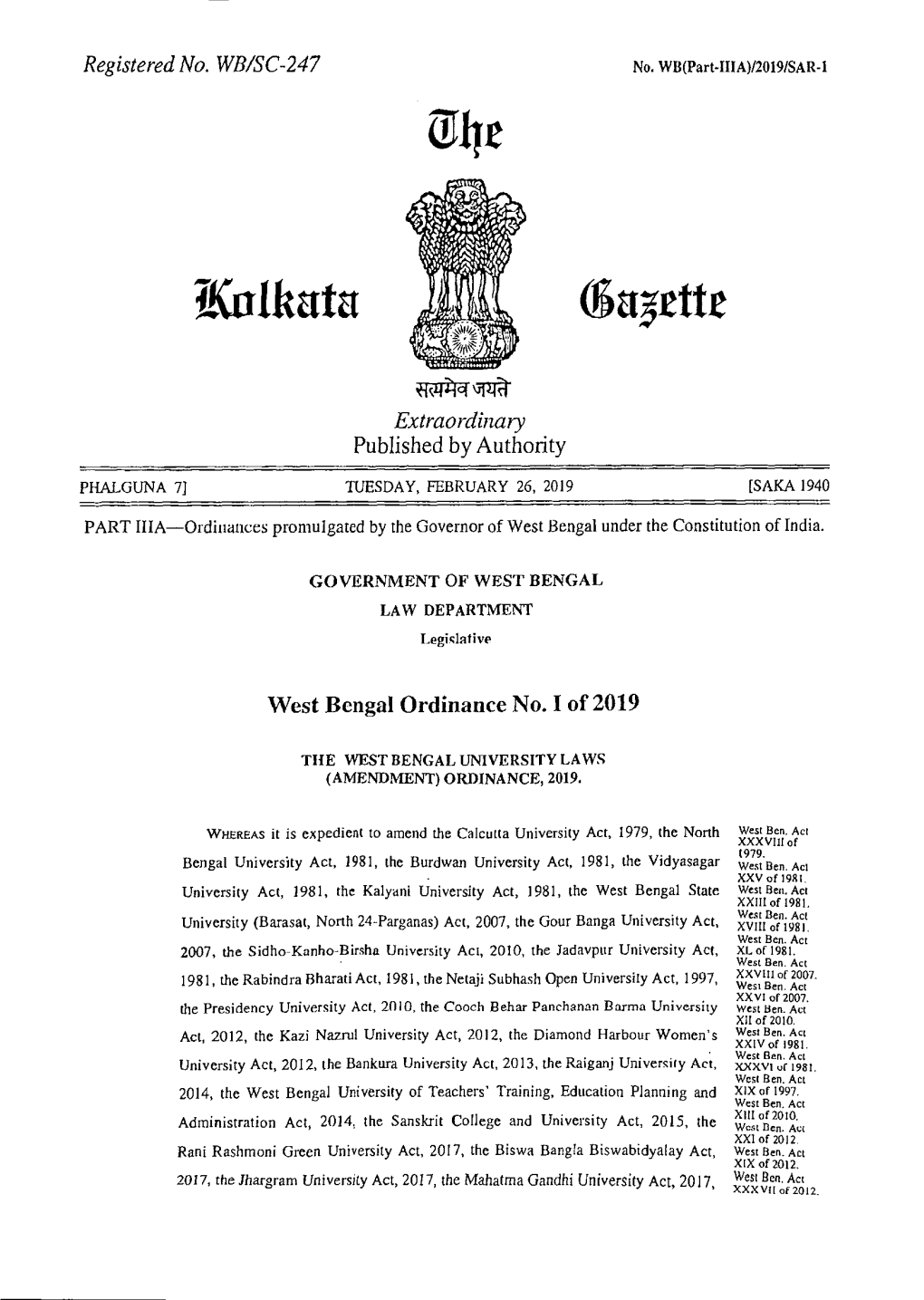 The West Bengal University Laws ( Amendment ) Ordinance, 2019