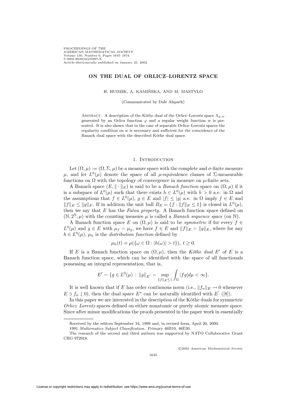 ON the DUAL of ORLICZ–LORENTZ SPACE 1. Introduction