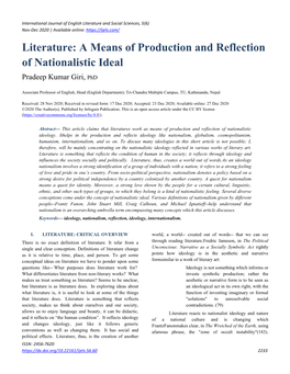 Literature: a Means of Production and Reflection of Nationalistic Ideal
