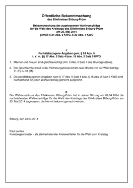 Bekanntmachung Der Zugelassenen Wahlvorschläge Für Die Wahl Des Kreistags Des Eifelkreises Bitburg-Prüm Am 25