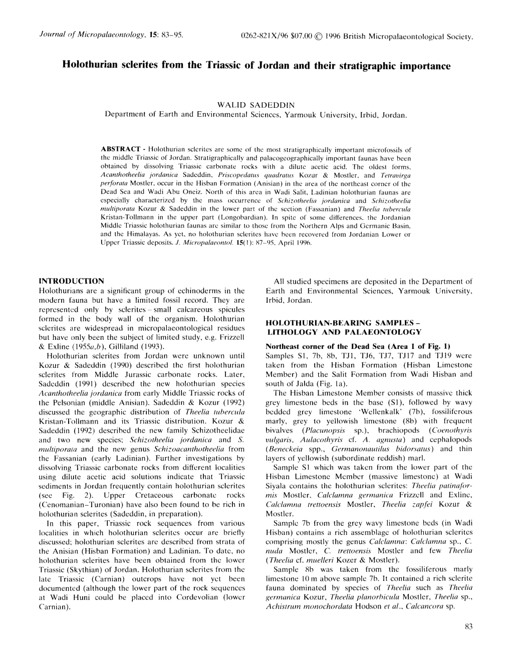 Holothurian Sclerites from the Triassic of Jordan and Their Stratigraphic Importance