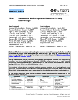 Stereotactic Radiosurgery and Stereotactic Body Radiotherapy Page 1 of 102