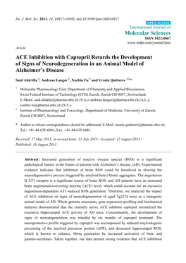 ACE Inhibition with Captopril Retards the Development of Signs of Neurodegeneration in an Animal Model of Alzheimer’S Disease
