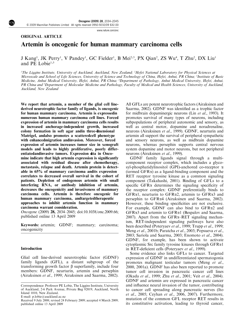 Artemin Is Oncogenic for Human Mammary Carcinoma Cells