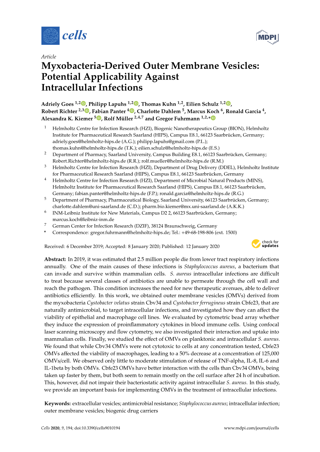 Myxobacteria-Derived Outer Membrane Vesicles: Potential Applicability Against Intracellular Infections