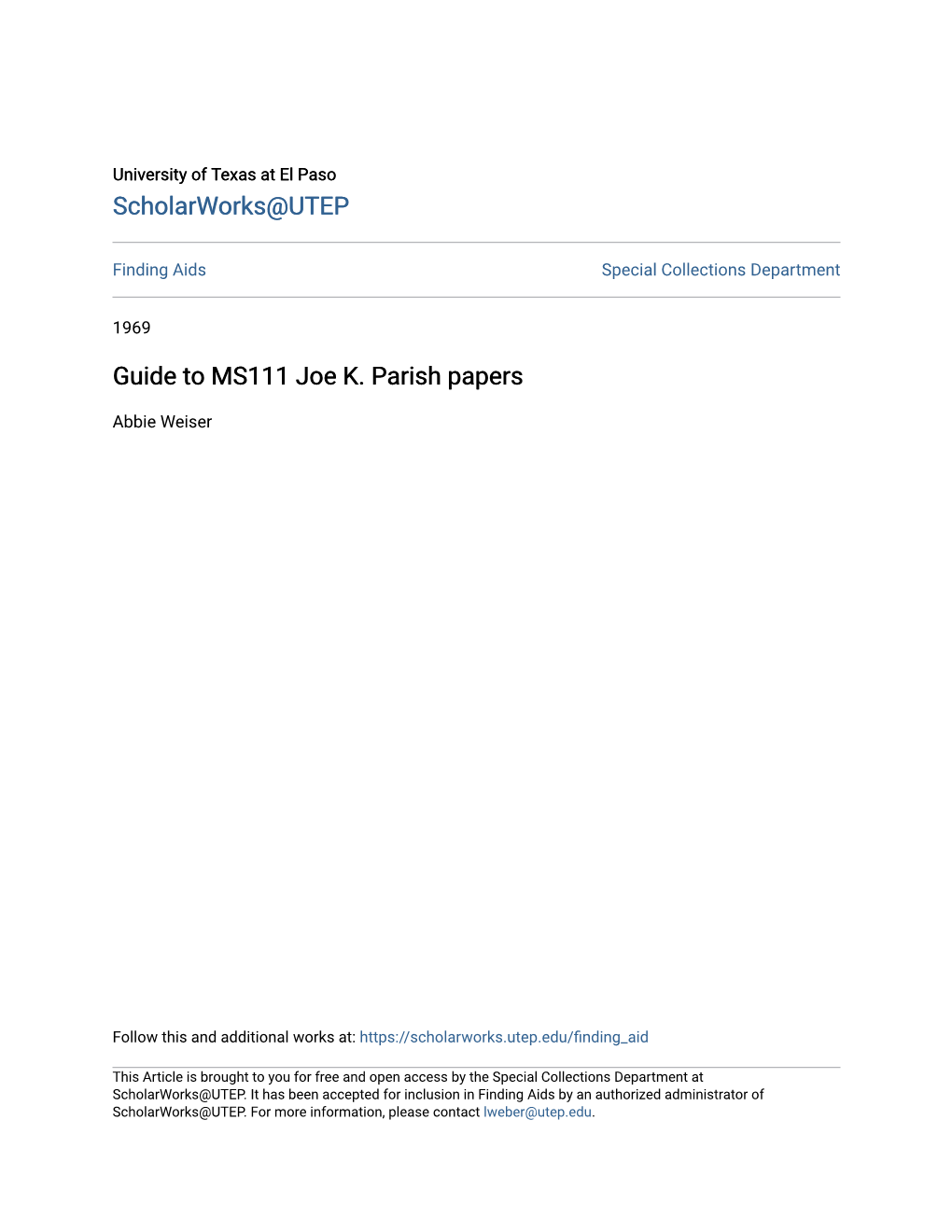 Guide to MS111 Joe K. Parish Papers