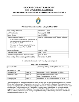 2020 Liturgical Calendar Lectionary Cycle Year a – Weekday Cycle Year Ii