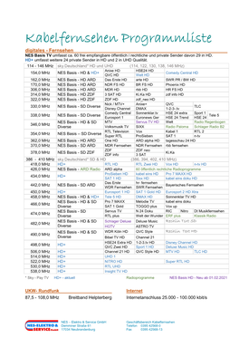 Kabelfernsehen Programmliste Digitales - Fernsehen NES Basis TV Umfasst Ca