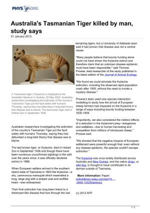 Australia's Tasmanian Tiger Killed by Man, Study Says 31 January 2013