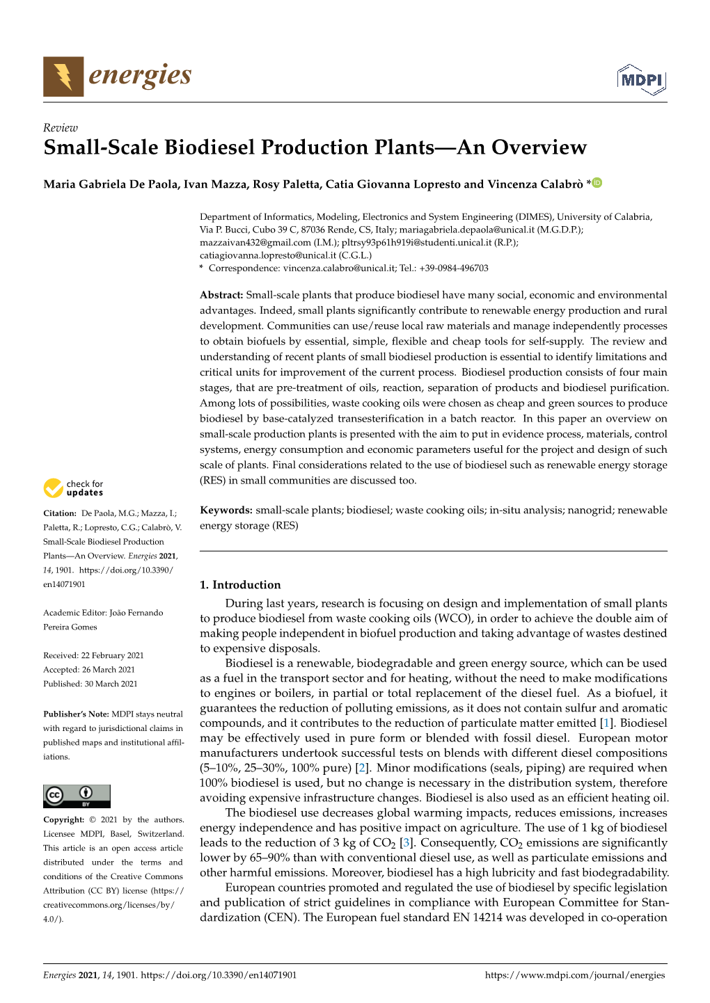 Small-Scale Biodiesel Production Plants—An Overview