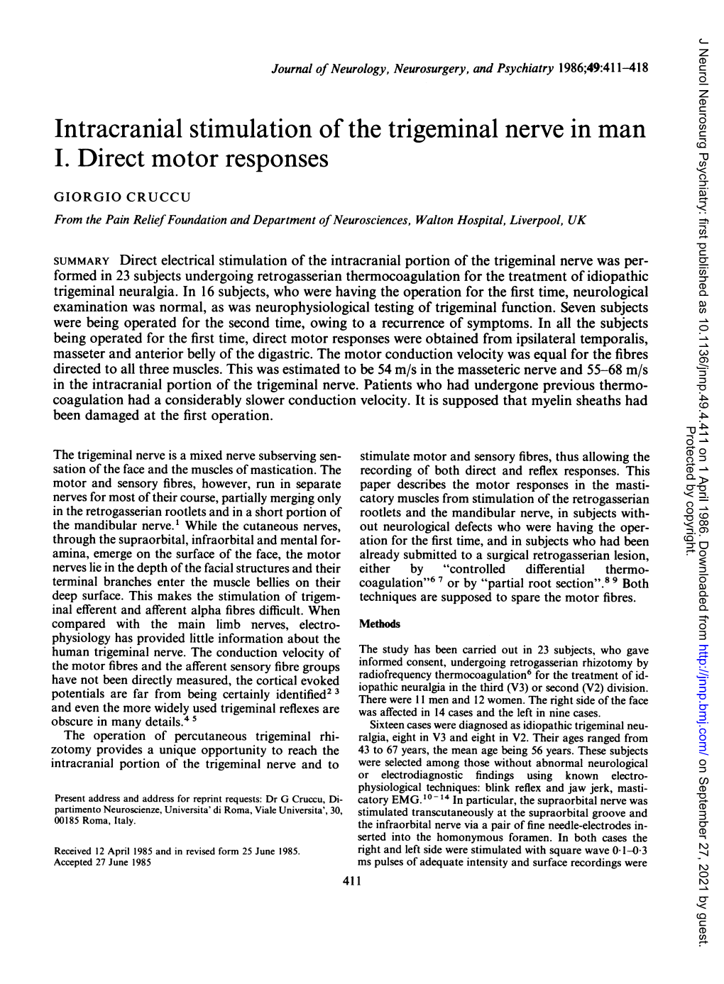 Intracranial Stimulation of the Trigeminal Nerve in Man I