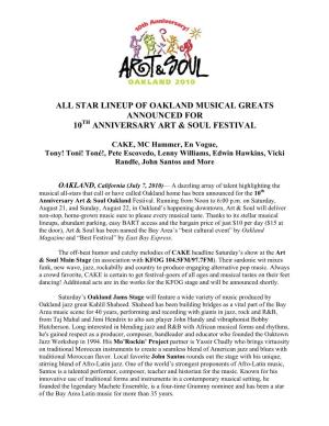 Star Lineup of Oakland Musical Greats Announced for 10Th Anniversary Art & Soul Festival