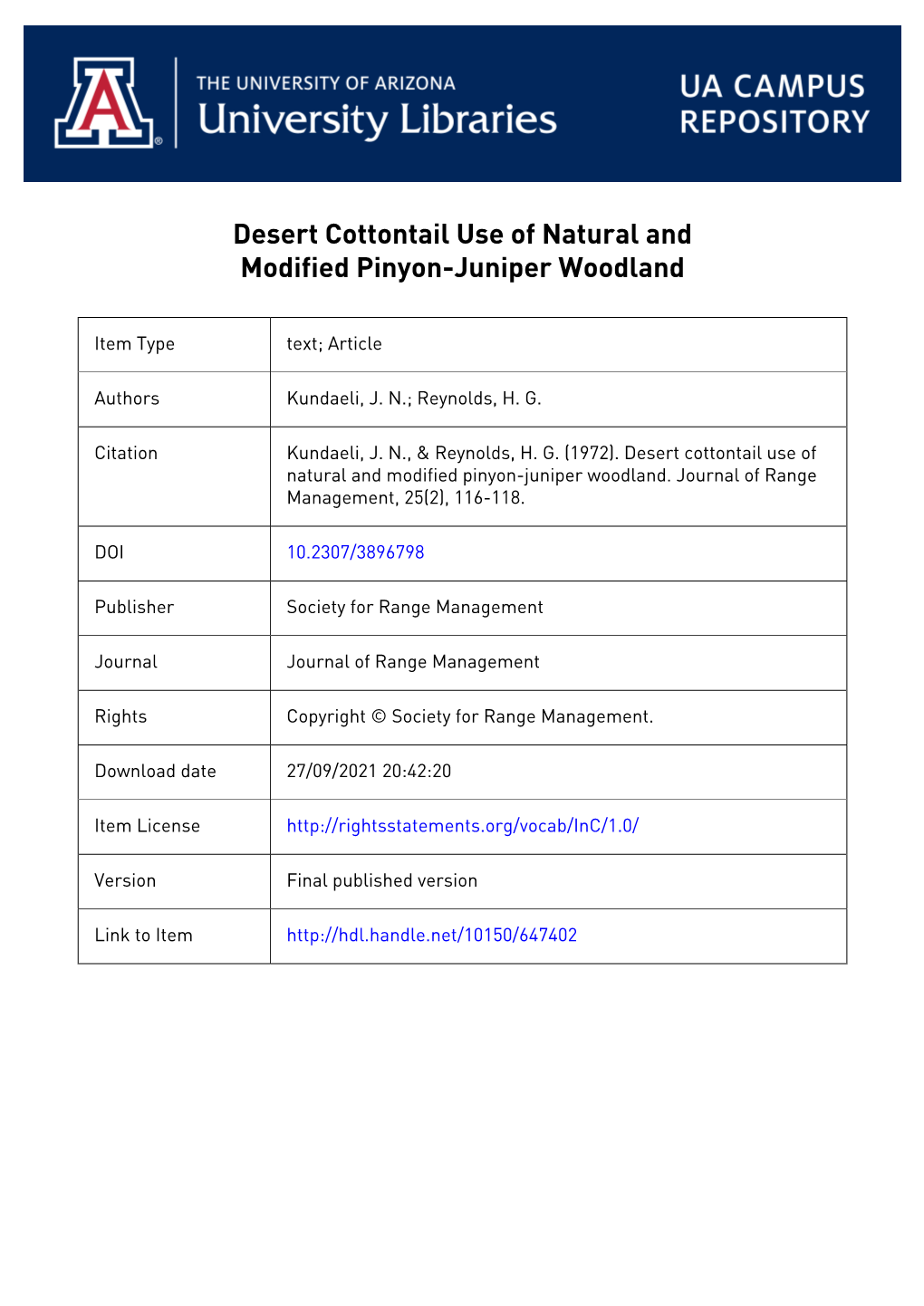 Desert Cottontail Use of Natural and Modified Pinyon- Juniper Woodland