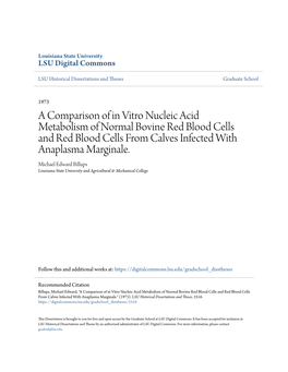 A Comparison of in Vitro Nucleic Acid Metabolism of Normal Bovine Red Blood Cells and Red Blood Cells from Calves Infected with Anaplasma Marginale