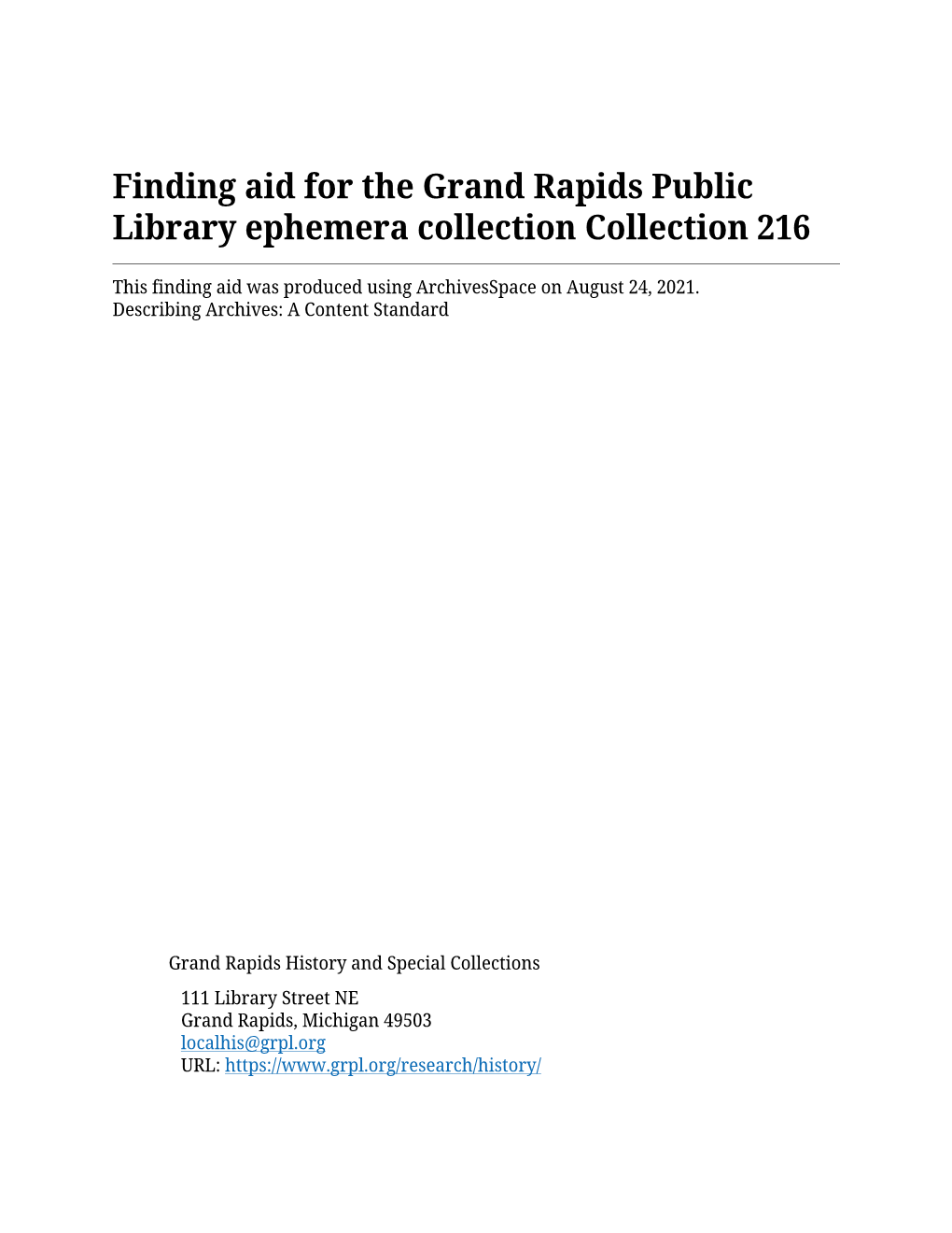 Finding Aid for the Grand Rapids Public Library Ephemera Collection Collection 216