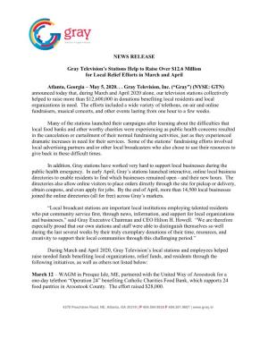 NEWS RELEASE Gray Television's Stations Help to Raise Over $12.6